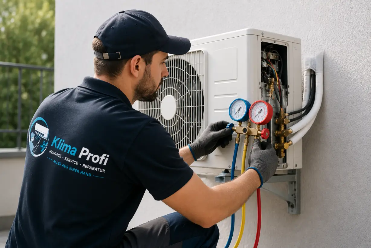Klima-Profi-Techniker beim Kältemittel-Service einer Klimaanlage